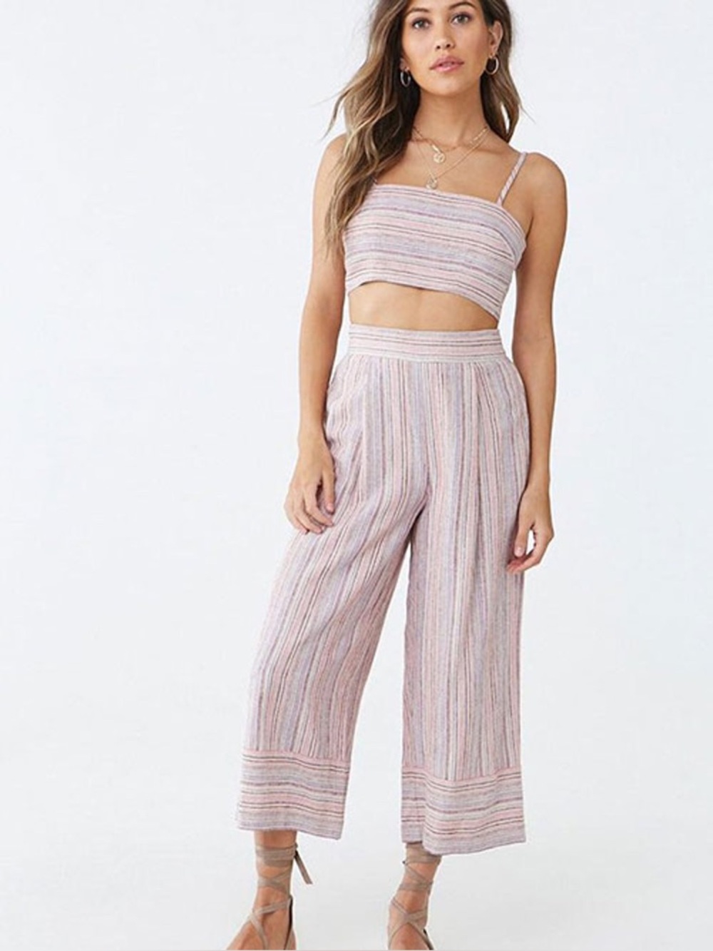 Wide leg striped linen blend pants
